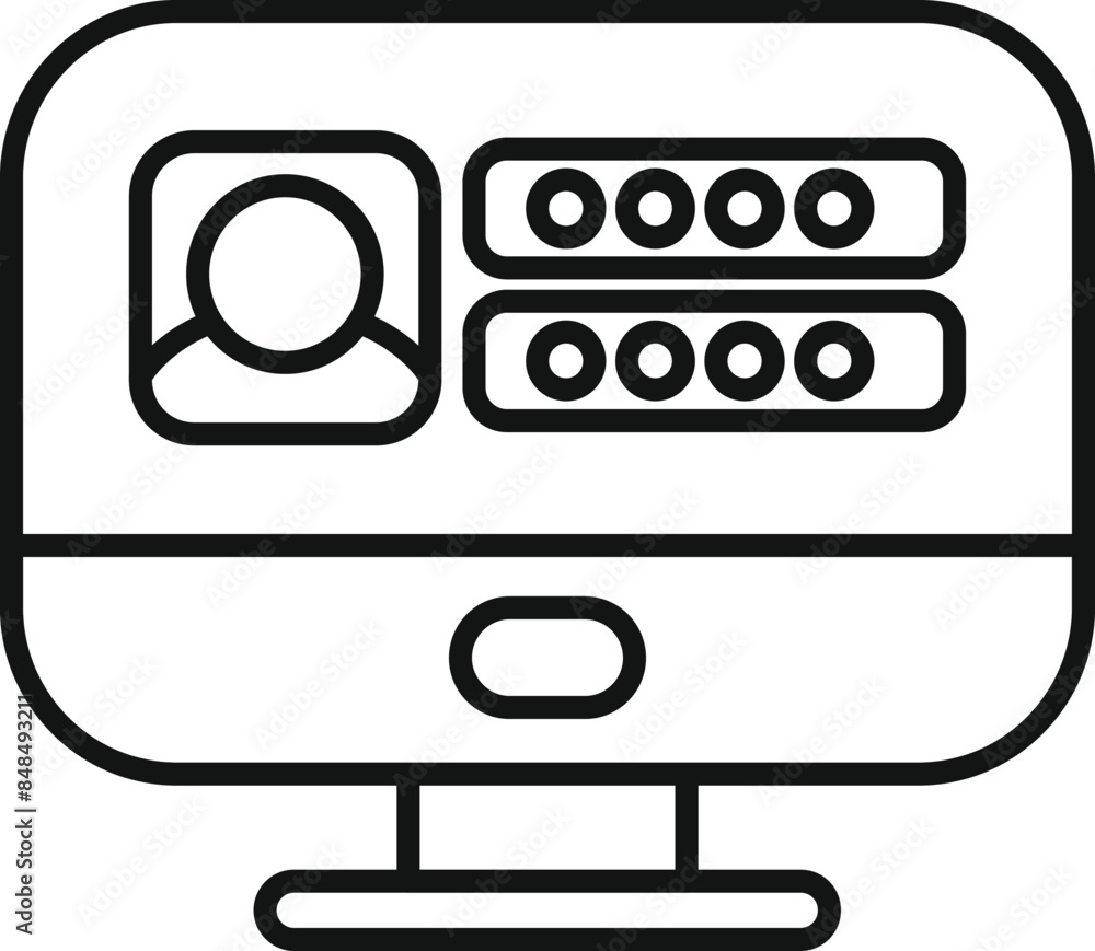 Poster simple line icon of a computer screen displaying a user login form with password dots and an avatar 