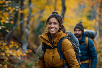 Happy hikers exploring a vibrant autumn forest. Two friends enjoying a hike through fall foliage, signifying adventure, nature, and outdoor activity. Ideal for travel and lifestyle content.