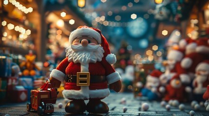 Obraz premium Santa claus toy in christmas decorated workshop with bokeh lights and gifts