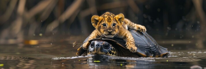 Tiger Cub Rides on Turtle in Water. Adorable tiger cub comfortably riding on a turtle's back in a serene water environment, highlighting unique animal friendship. Banner with copy space