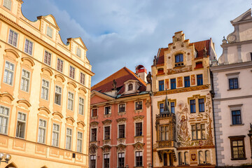 A decorated buildings facade on the southern side of Old Town Square (Staromestske Namesti)....