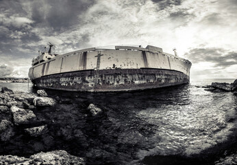 Stranded shipwreck on the beach
