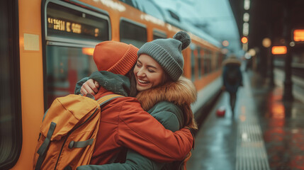 Emotional reunion at train station. Two friends joyfully hug on a wet platform, conveying warmth and connection. Ideal for travel and lifestyle promotions, and editorial features