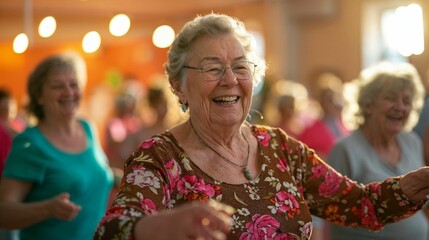 Elderly people joyfully participating in a lively dance class - AI generated digital art