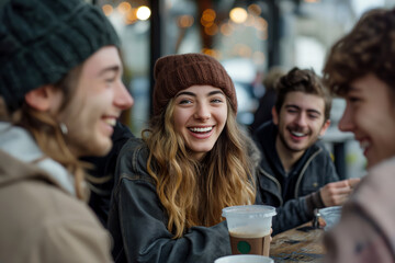 Friends enjoying coffee at an outdoor cafe. A lively depiction of young adults socializing in a casual setting. Ideal for marketing campaigns, lifestyle blogs, and social media content.
