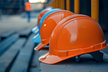 공사현장에 놓여있는 안전모들