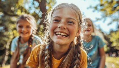 Fototapeta premium Joyful Children Laughing and Playing Outdoors on a Sunny Summer Day - AI generated digital art