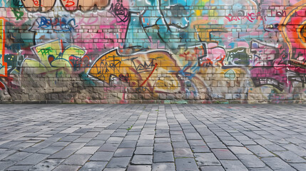 Fototapeta premium Colorful graffiti-covered wall with a cobblestone street in the foreground, showcasing urban art and street culture. 