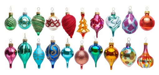 Colorful Christmas Ornaments on White Background. Concept of holiday decorations, festive season, new year celebration.Set