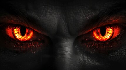 Fierce glowing red eyes in the dark close-up. Blazing eyes of the devil. Concept of horror, sinister gaze, intimidation, evil stare, Halloween