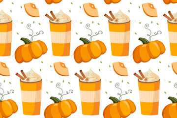 Seamless pumpkin hot drink pattern. Autumn, winter drink in take away cup, pumpkin fruit. Cappuccino for Christmas, Thanksgiving holiday. Festive Vector illustration for wallpaper, textile, wrapping