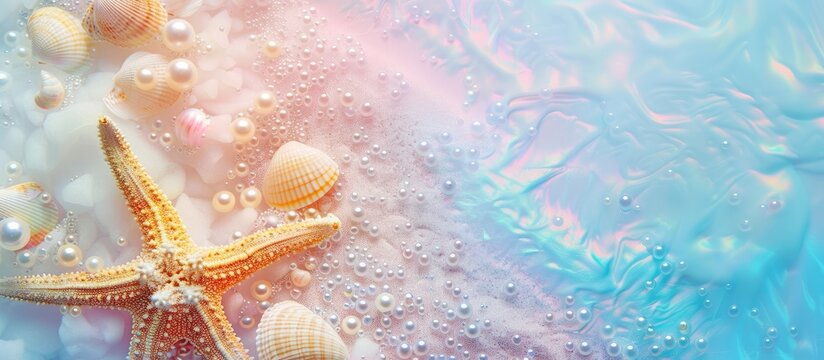 Abstract summer nature composition with a starfish and pearl seashell border set against a background of rainbow sky clouds. Top-down view with room for text.