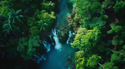 Obraz premium Drone Photo of Dense Tropical Jungle with Sunlit Cascading Waterfalls