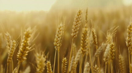 Fototapeta premium Close-Up of Wheat Spikelets in a Golden Wheat Field: Poster Celebrating Abundance and Harvest