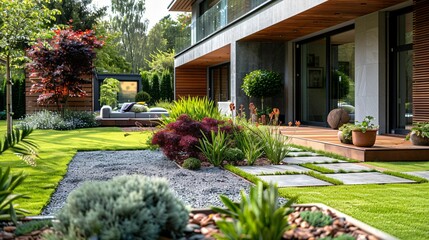 Obraz premium a modern house with contemporary garden