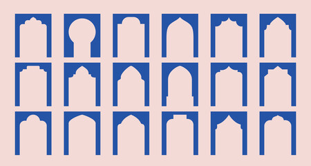 Arabic minimalist window shapes. Moroccan arches, gateways silhouette. Vector simple arcs