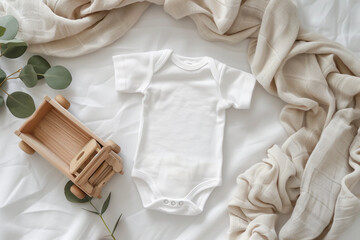 White cotton baby bodysuit with wooden toy truck and beige linen fabric on a white soft background with copy space, minimalist pregnancy announcement mockup template, Generative AI