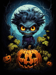 halloween poster with pumpkin and a blue monster in front of the moon