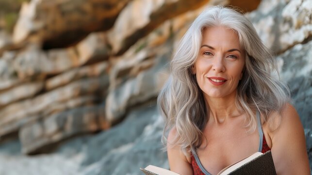 Smiling middle-aged woman with long gray hair reading a book outdoors against a rocky background
