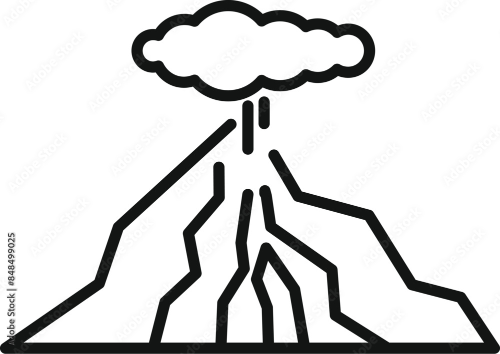 Poster simple line icon of an erupting volcano with lava flowing down its sides