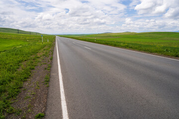Asphalt road, grassy sidewalks, travel concept