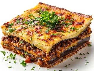 Delicious vegetarian lasagna with layers of zucchini, lentils, and rich tomato sauce, garnished with parsley on a white background.