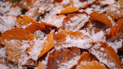 Fototapeta premium Close up view of snow covered winter leaves