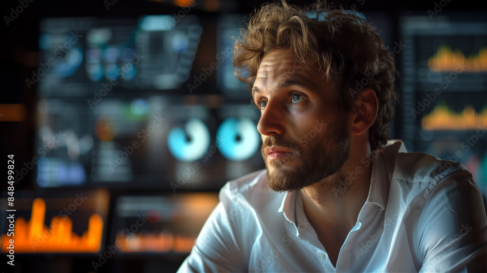 Aufkleber a bearded man sits in front of several computer monitors and attentively watches the data displayed 