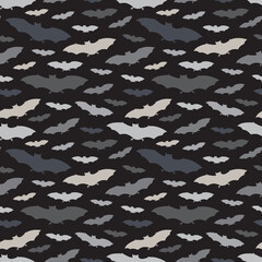 Seamless pattern with a group of bat. Halloween holiday background. Vampire silhouettes print. Trick or treat wallpaper. Kids scrapbook digital paper, textile print, page fill. Vector illustration