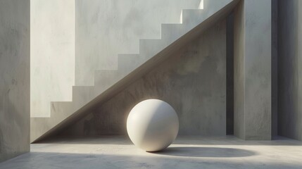A white ball is sitting on a concrete floor in front of a staircase