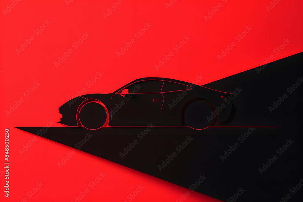 Wall mural Silhouette of generic sports car in dark garage, back view, pit lane setting, dramatic, cinematic lighting