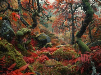 A surreal autumn landscape with vibrant red and orange leaves, moss-covered rocks, and towering ferns in the Scottish Highlands. The colors of nature blend seamlessly creating an enchanting atmosphere