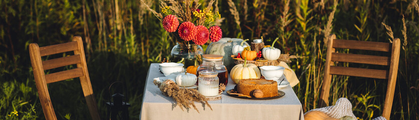 Elegant countryside table setting outdoor in the garden. White porcelain cups, teapot with herbal tea, homemade pumpkin spicy sweet pie. Family tradition, beautiful place outside. Fall mood. Banner