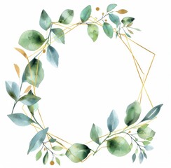 Naklejka premium Watercolor sage green leaves and gold geometric frame border 