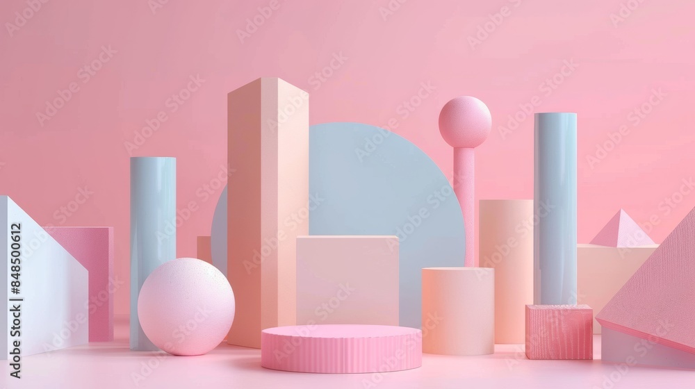 Poster the image is a colorful display of geometric shapes and a pink background