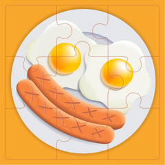 Breakfast Puzzle for Children. Assemble Two scrambled eggs and sausages on plate. Morning positive food for kids. Fried egg. Volumetric color image. Top view on orange background. Vector illustration