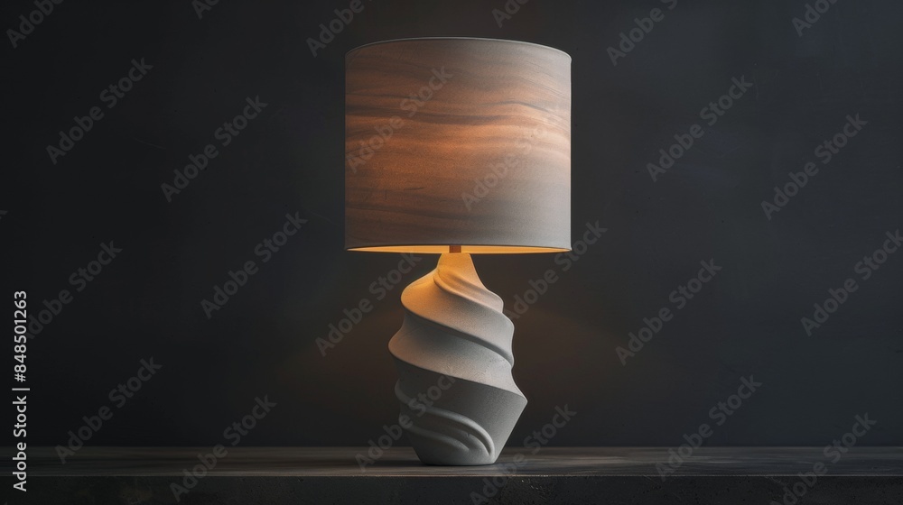 Poster a lamp with a white base and a white shade sits on a table