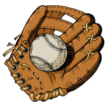recommend clip art: Baseball glove and ball color sketch engraving PNG illustration. Scratch board style imitation. Hand drawn image.