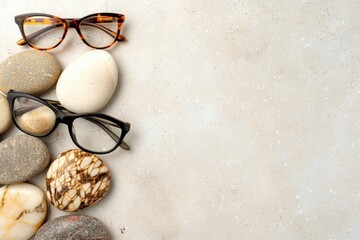 Stones with different glasses on a light background, in a flat lay. The concept of vision and resources for the hospital's optical department or store. 8k, real photo, photography