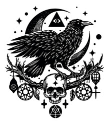 Occult Raven _ stylized black and white vector illustration