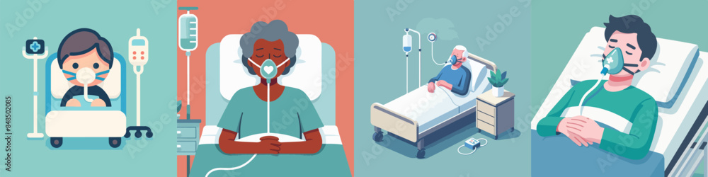 Wall mural set Vector patient lying in hospital bed with oxygen mask