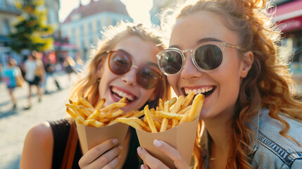Happy travelers girls holding french fries cones in the street. Girlfriends eating street food in touristic city.