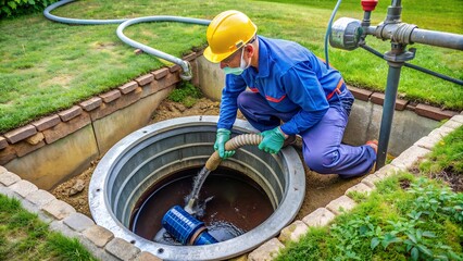 Plumber submerges wastewater pump into septic tank effluent to pumping sewage water before tank maintenance.