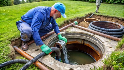 Plumber submerges wastewater pump into septic tank effluent to pumping sewage water before tank maintenance.