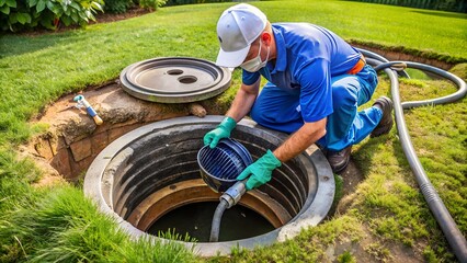 Plumber submerges wastewater pump into septic tank effluent to pumping sewage water before tank maintenance.