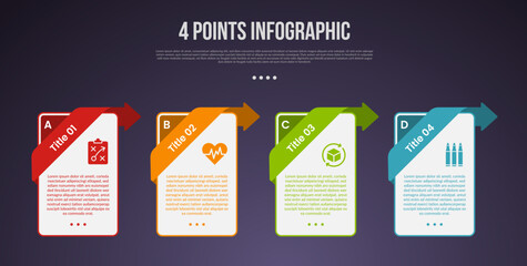 4 points or step process infographic with vertical box container with creative header on top position with modern dark style for slide presentation