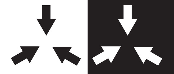 Inward arrows silhouette shape icon.  Radial inward arrow icon set. Arrow pointing center vector on white and black background. vector illustration.