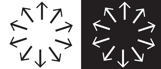 Inward arrows silhouette shape icon.  Radial inward arrow icon set. Arrow pointing center vector on white and black background. vector illustration.