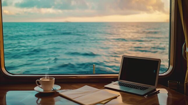 Coffee and laptop on a ship, viewed through a window with ocean scenery
 Seamless looping 4k time-lapse virtual video animation background. Generated AI