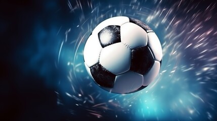 Dynamic Soccer Ball in Motion Against a Glowing Blue Background